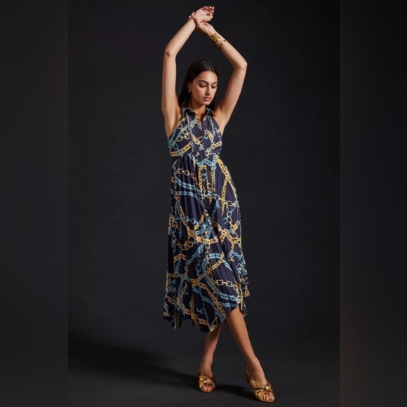 Anthropologie Maeve Chain Pattern Halter Maxi Dress - Navy and Gold - Picture 1 of 3